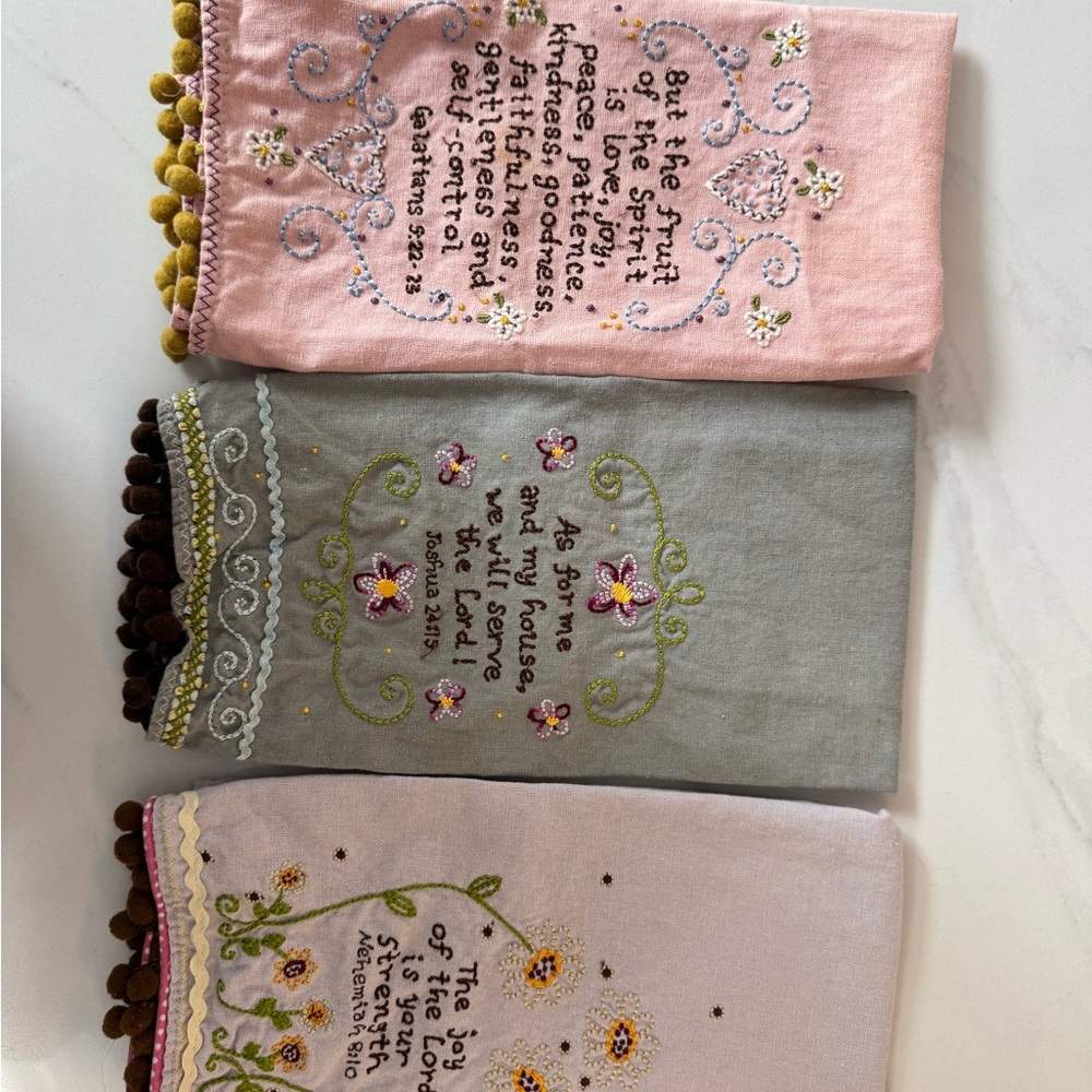Rare NATURAL LIFE Embroidered Bible Vers Kitchen Towels set of 3 linen/cotton